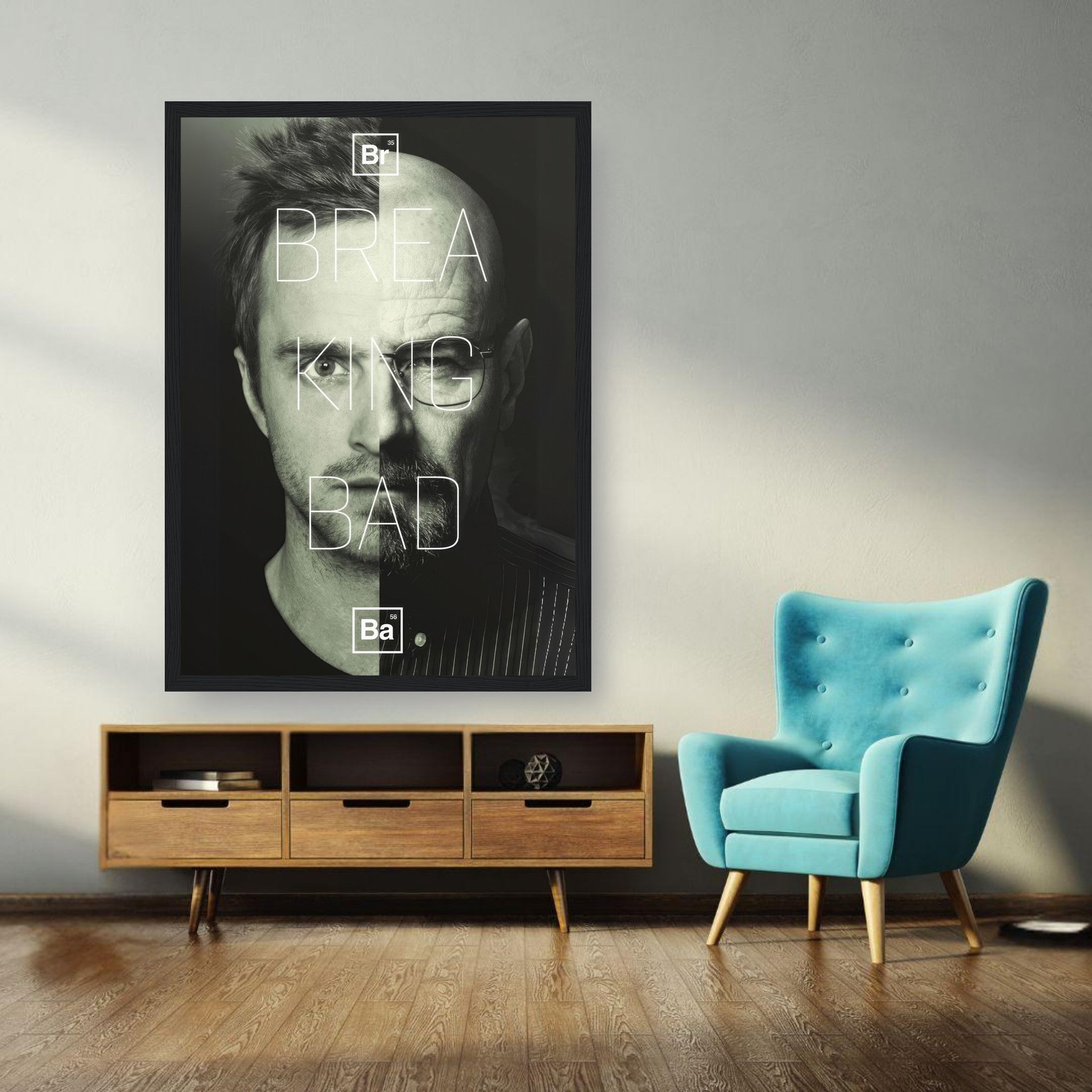 Jesse x Walter Breaking Bad framed print featuring bold black and white design, enhancing modern wall decor.