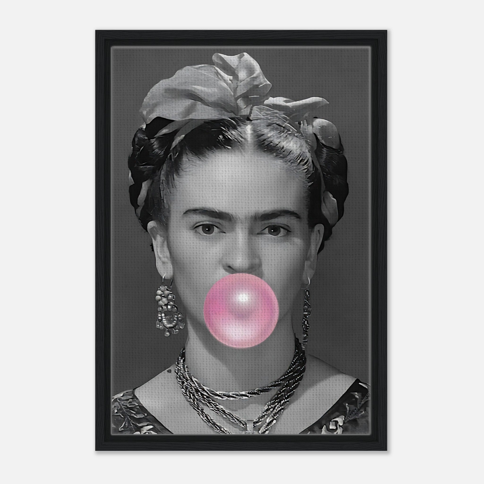 Frida Kahlo Bubble Gum framed canvas print featuring grayscale portrait with a pink bubble gum bubble.