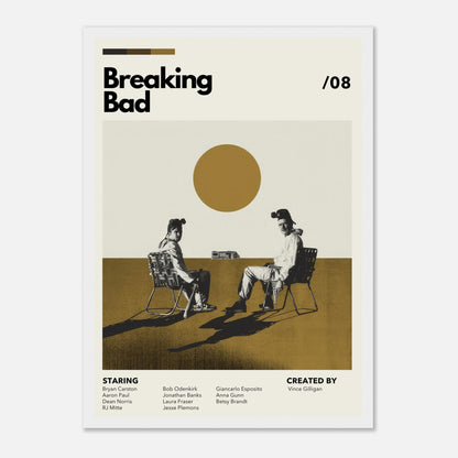 Vintage Breaking Bad framed print featuring Walter White and Jesse Pinkman with bold sun motif and minimalist design.