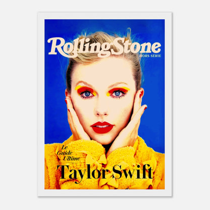 Taylor Swift Rolling Stone magazine cover framed print featuring vibrant colors and striking portrait. Ideal for fans and collectors.