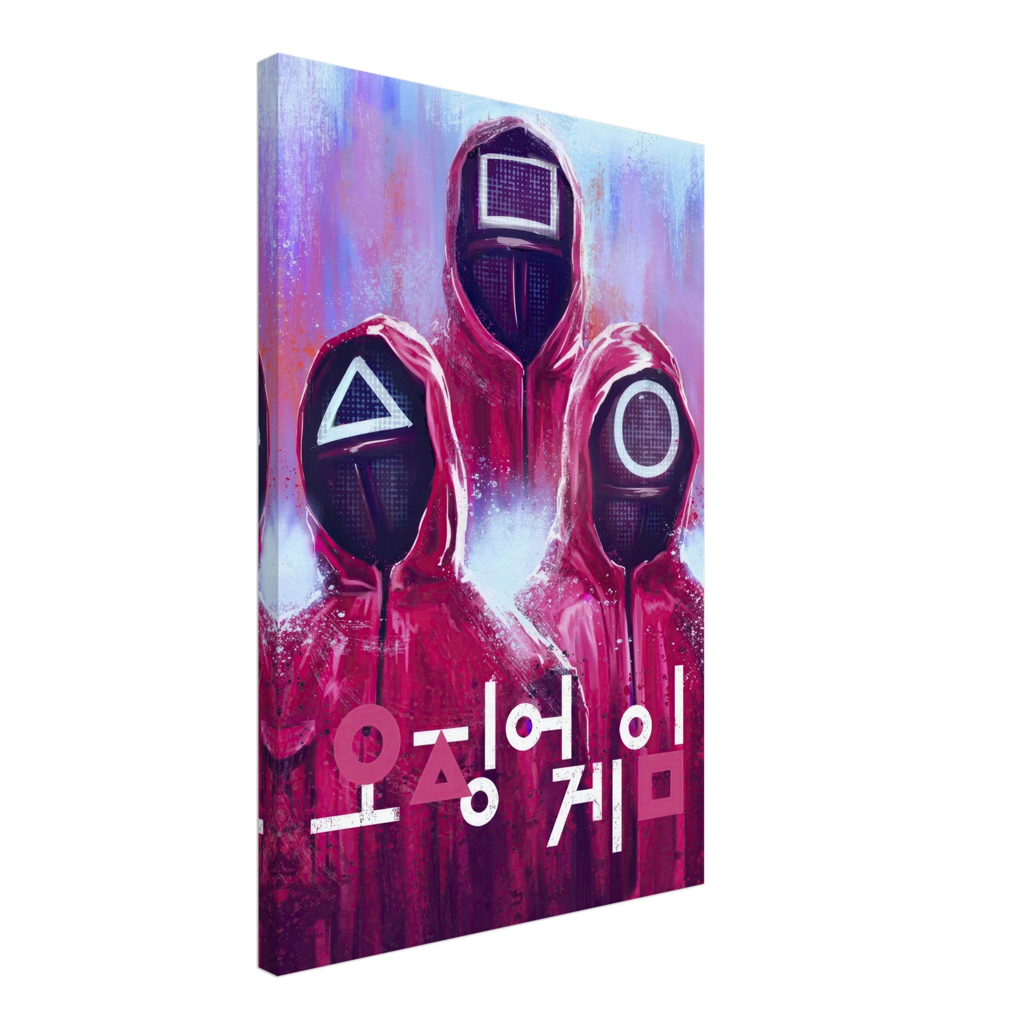 Squid Game canvas print with iconic masked characters and Korean text in vibrant red and purple hues. Perfect for home decor.