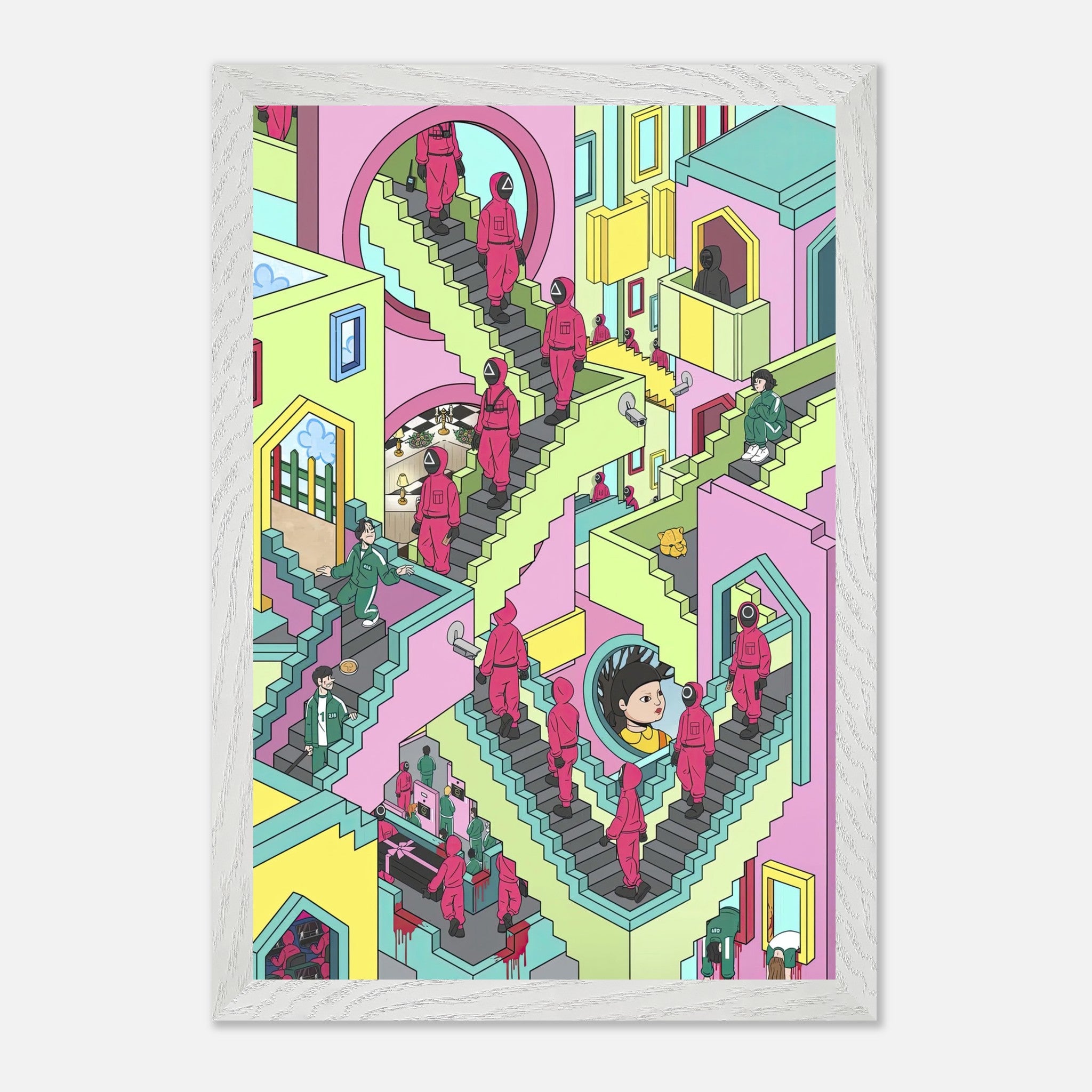 Squid Game Stairs Fine Art Print featuring vibrant colors and intricate staircases in a surreal design.