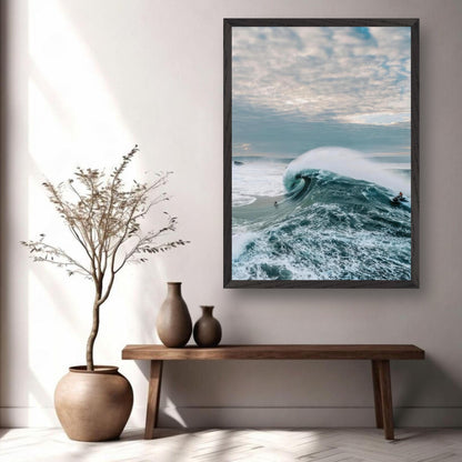 Big wave surfing fine art print in a modern interior, showcasing powerful ocean waves and a surfer.