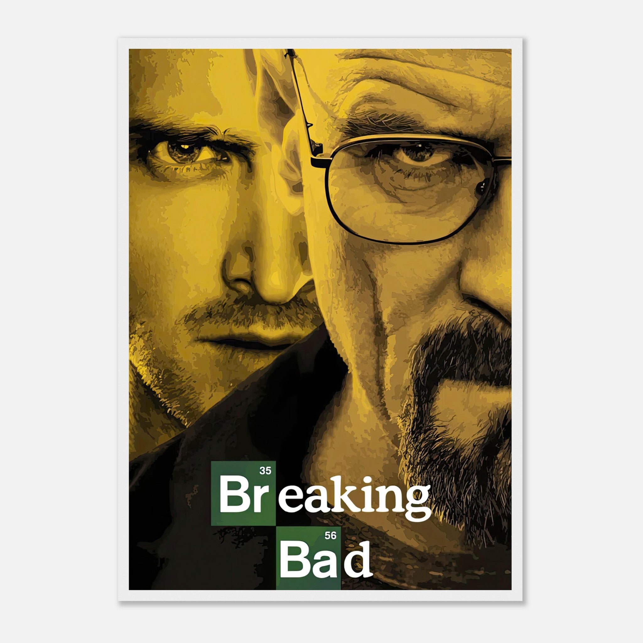 Breaking Bad official framed poster featuring iconic characters in bold yellow tones, perfect for fans of the series.