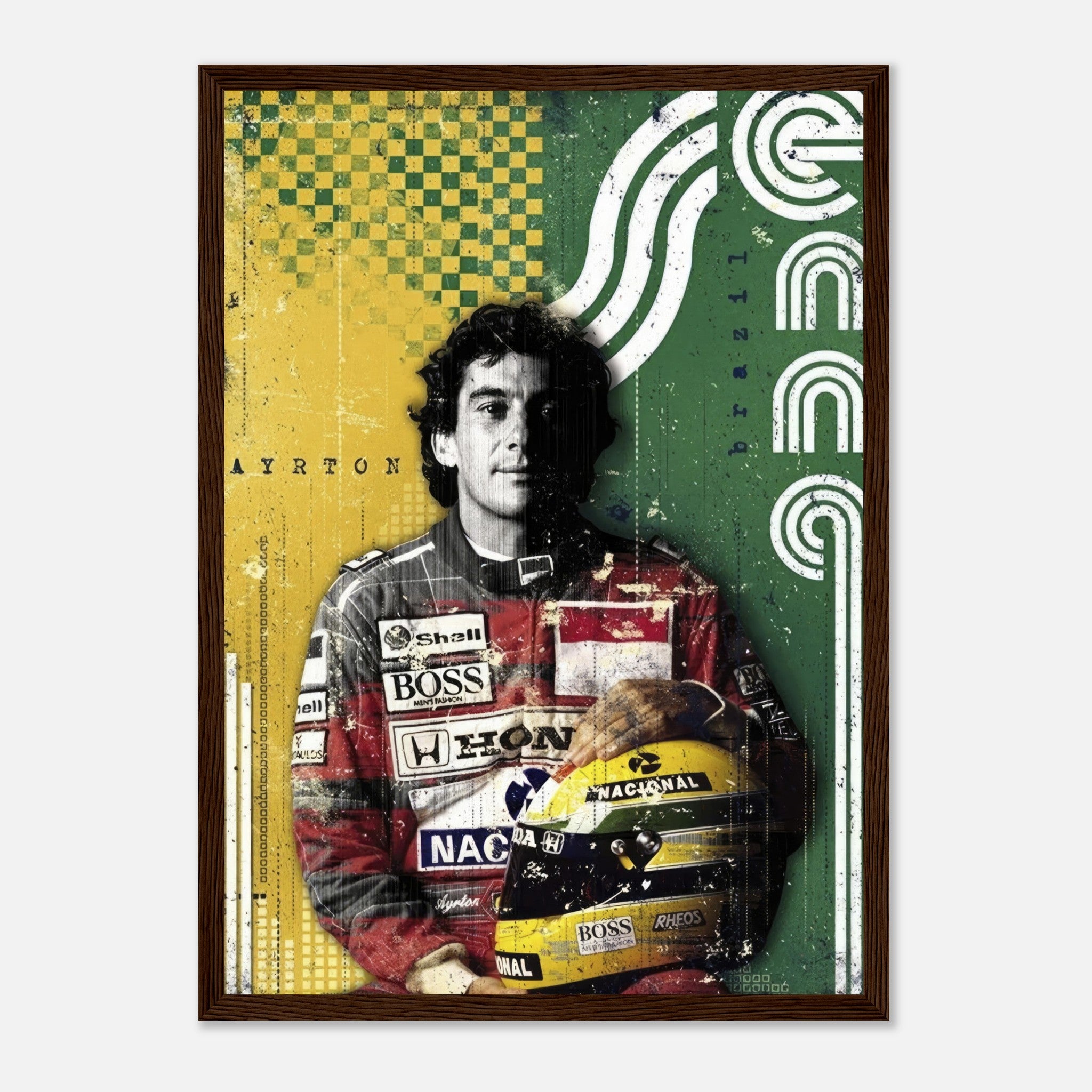 Ayrton Senna F1 legend framed print, featuring vibrant colors and iconic racing suit against a Brazilian flag backdrop.