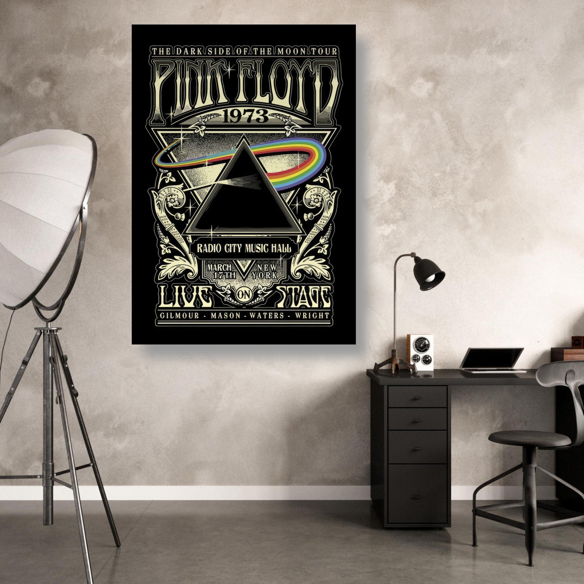 Pink Floyd The Dark Side of the Moon 1973 concert metal print, featuring prism design in vintage style on a modern wall.