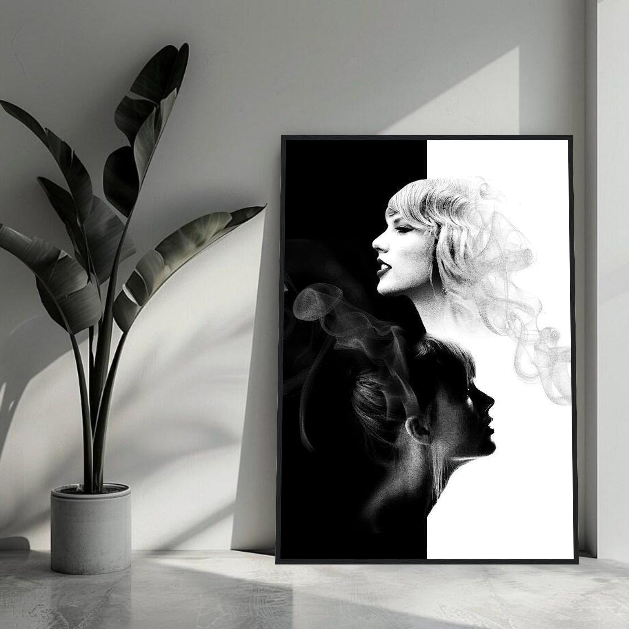 Taylor Swift black and white framed print featuring dual portraits with smoke effects, perfect for modern decor.