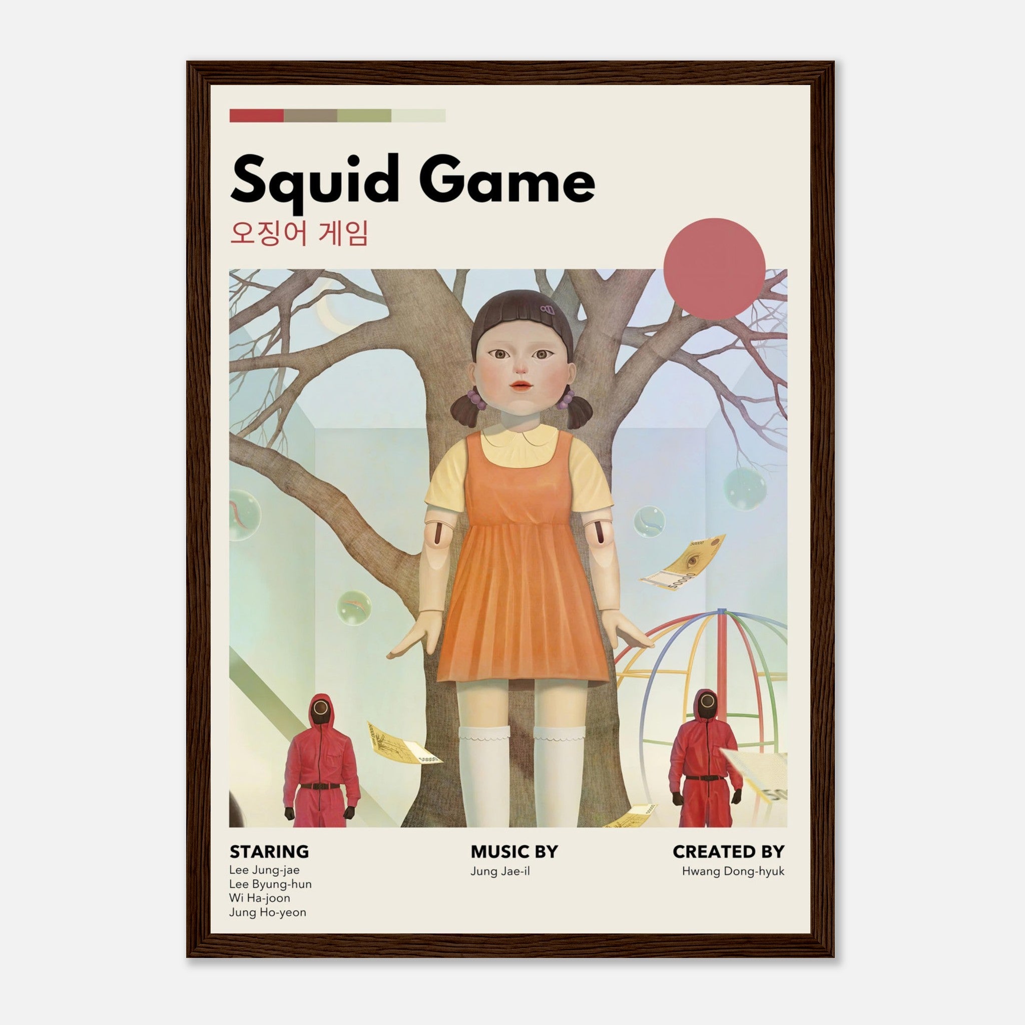 Red Green Light framed poster featuring Squid Game's iconic doll in vintage style art. Perfect for fans of the series.