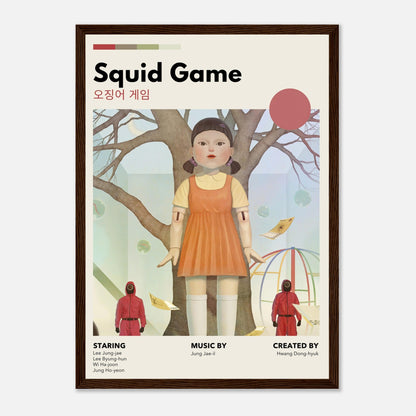 Red Green Light framed poster featuring Squid Game's iconic doll in vintage style art. Perfect for fans of the series.