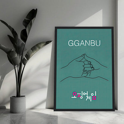 GGANBU Squid Game framed print featuring minimalist handshake art on teal background, symbolizing loyalty and friendship.