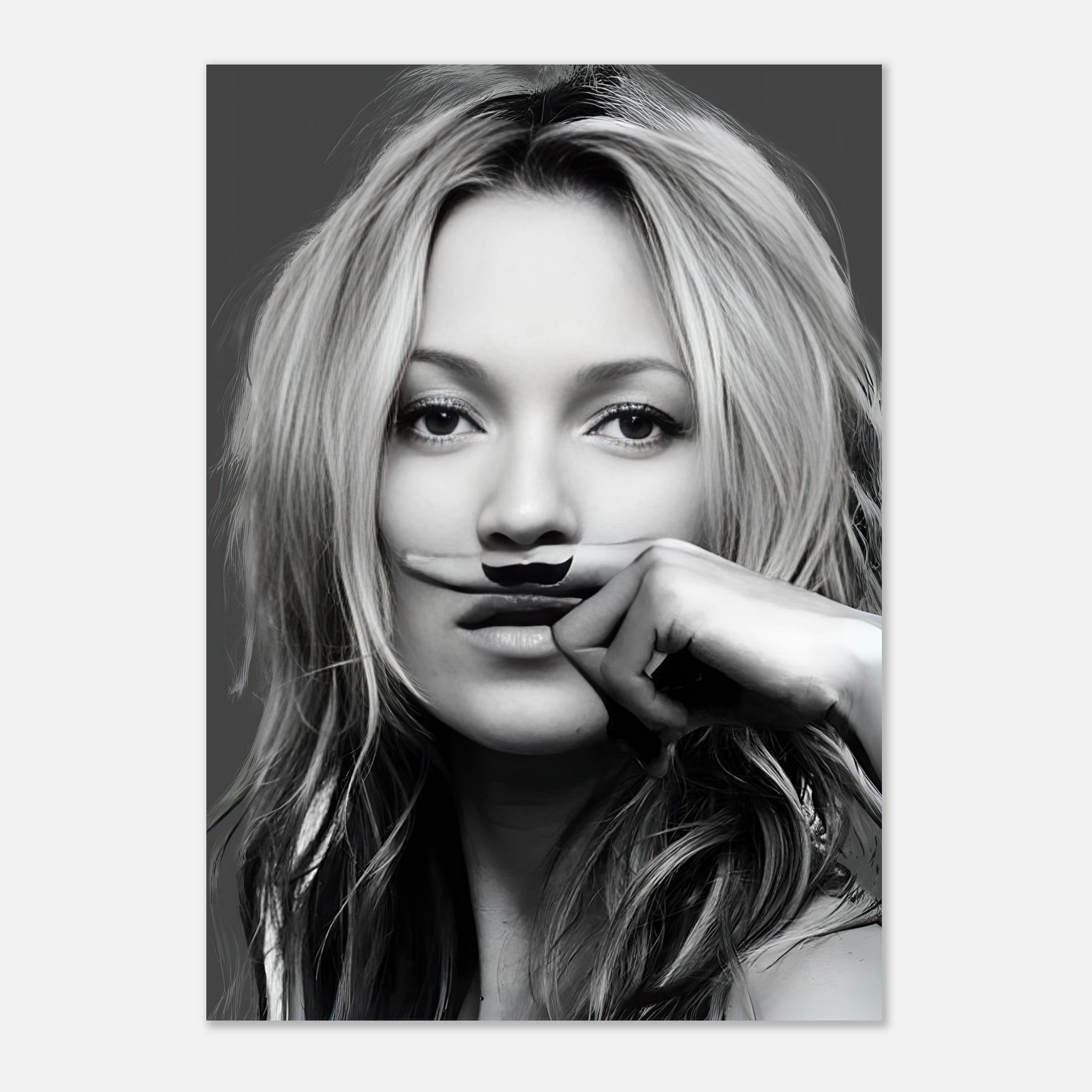 Kate Moss Mustache poster featuring a chic black-and-white portrait with a playful hand-drawn mustache.