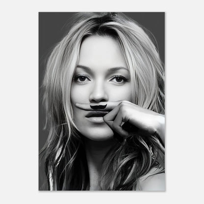 Kate Moss Mustache poster featuring a chic black-and-white portrait with a playful hand-drawn mustache.