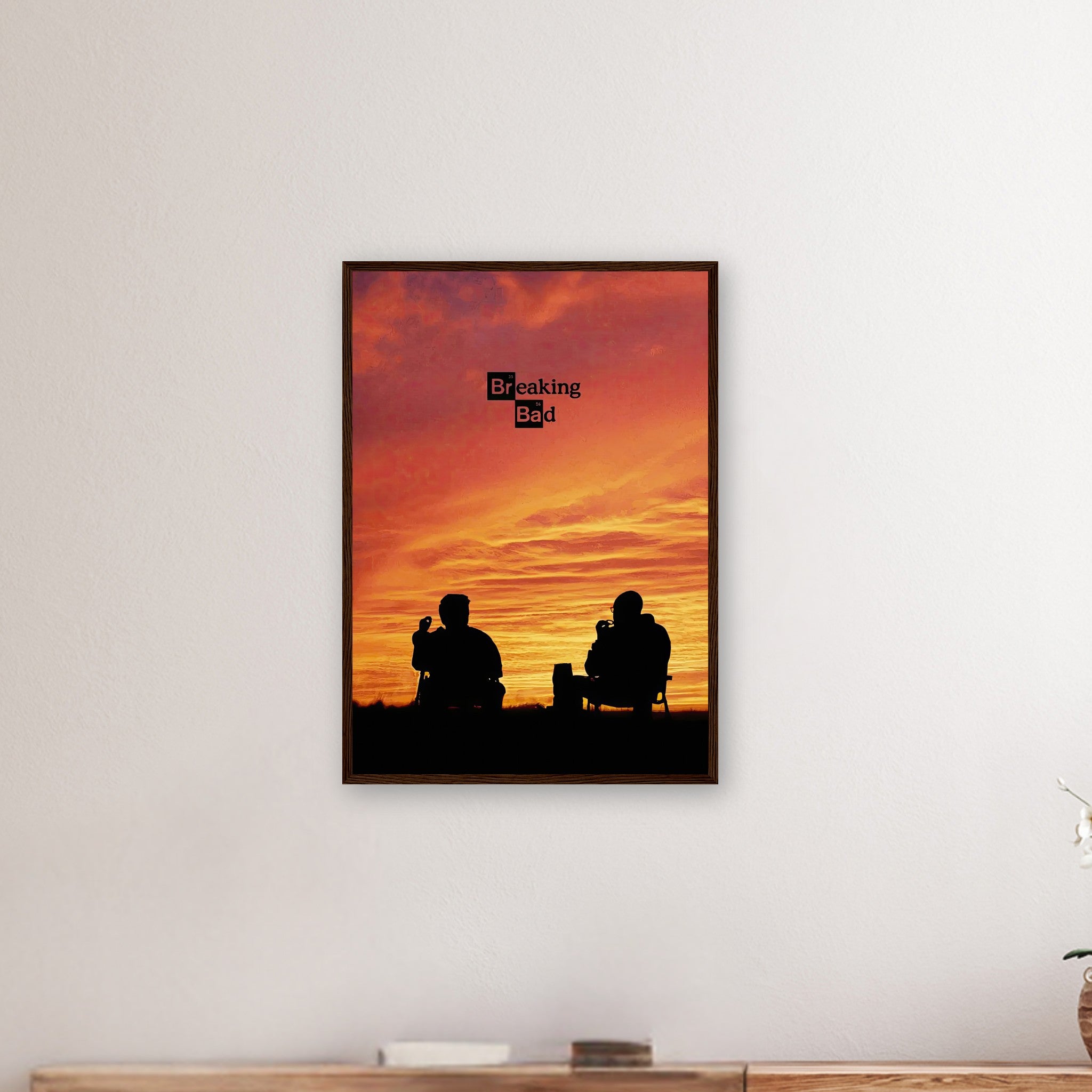 Breaking Bad framed poster featuring Walter White and Jesse Pinkman against a vibrant sunset, perfect for fans.