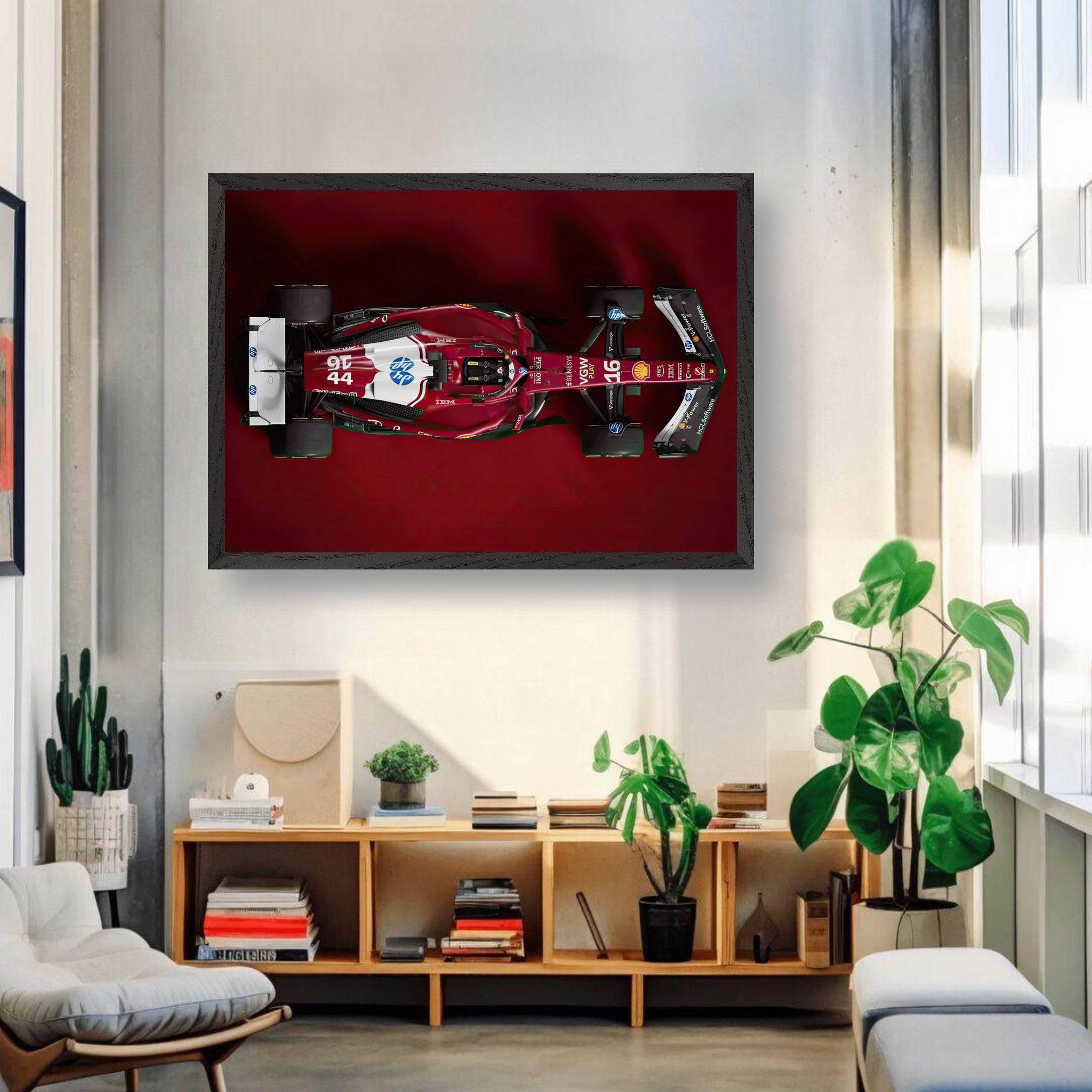 Ferrari F1 2025 Vintage Framed Art in a modern living room, showcasing speed and Italian craftsmanship.