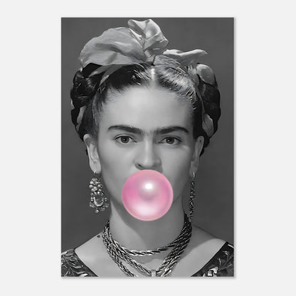 Frida Kahlo Bubble Gum Metal Print featuring black-and-white photo with vibrant pink bubble, stylish metal art piece.