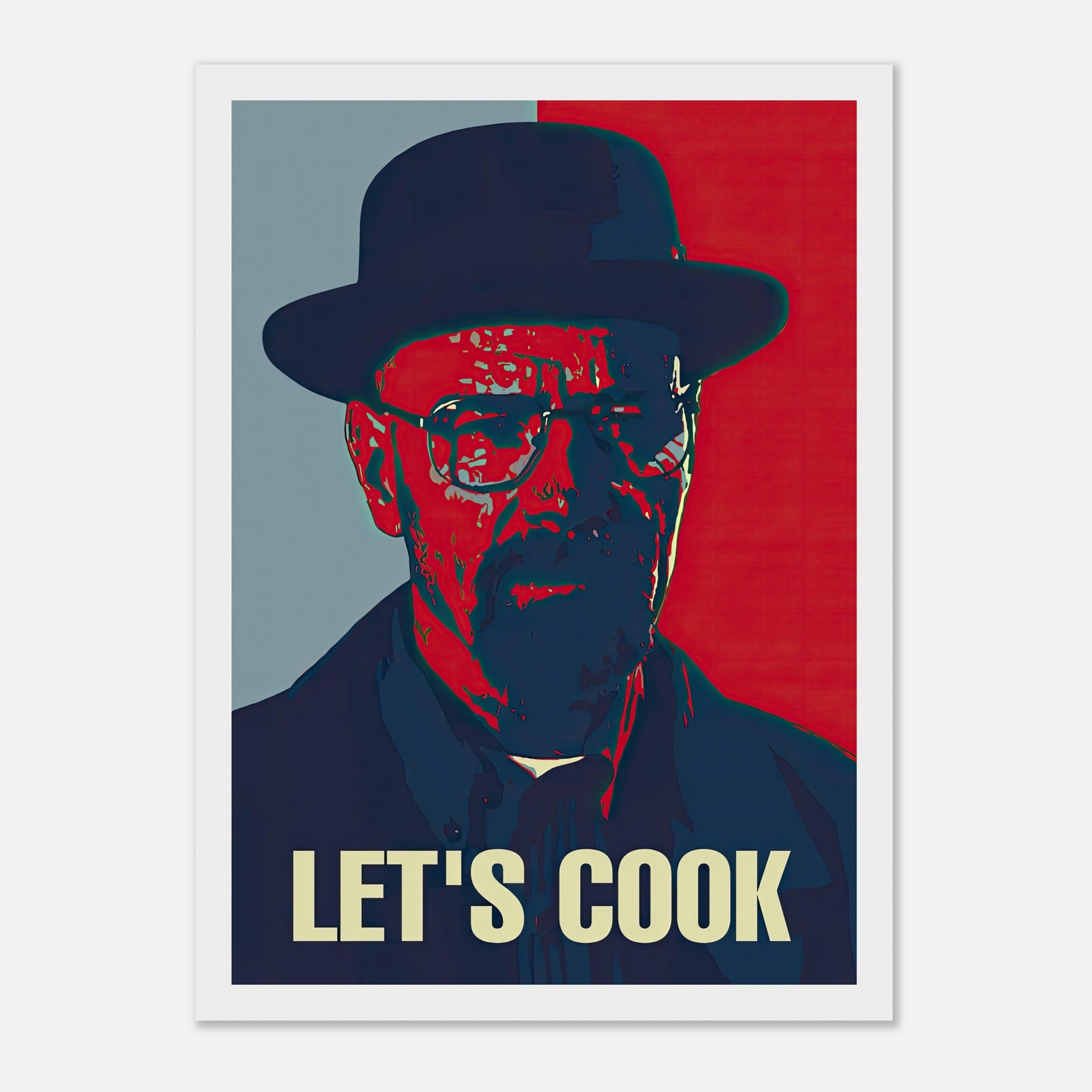 Heisenberg Let’s Cook framed print featuring bold pop art design in red and blue for modern wall decor.