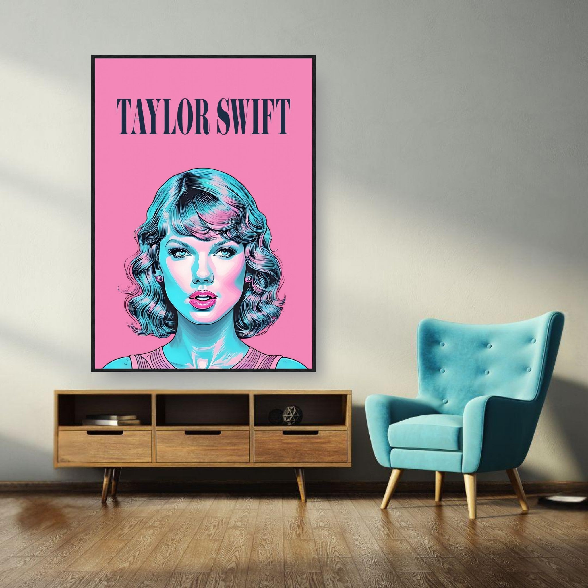 Vibrant Taylor Swift pop art framed poster on wall above stylish blue chair and wooden furniture.