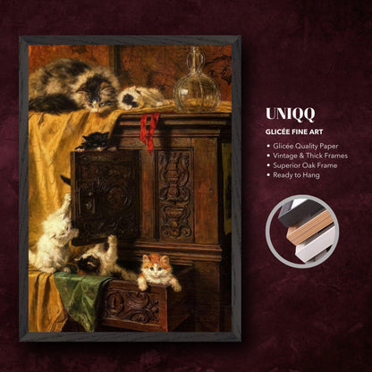 Vintage cat painting featuring playful kittens on an ornate cabinet, Giclée fine art, museum quality, ready to hang.