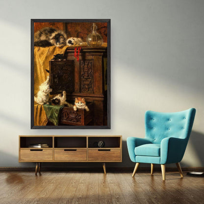 Vintage cat painting featuring playful kittens atop a cabinet, showcasing classic 19th-century fine art style.