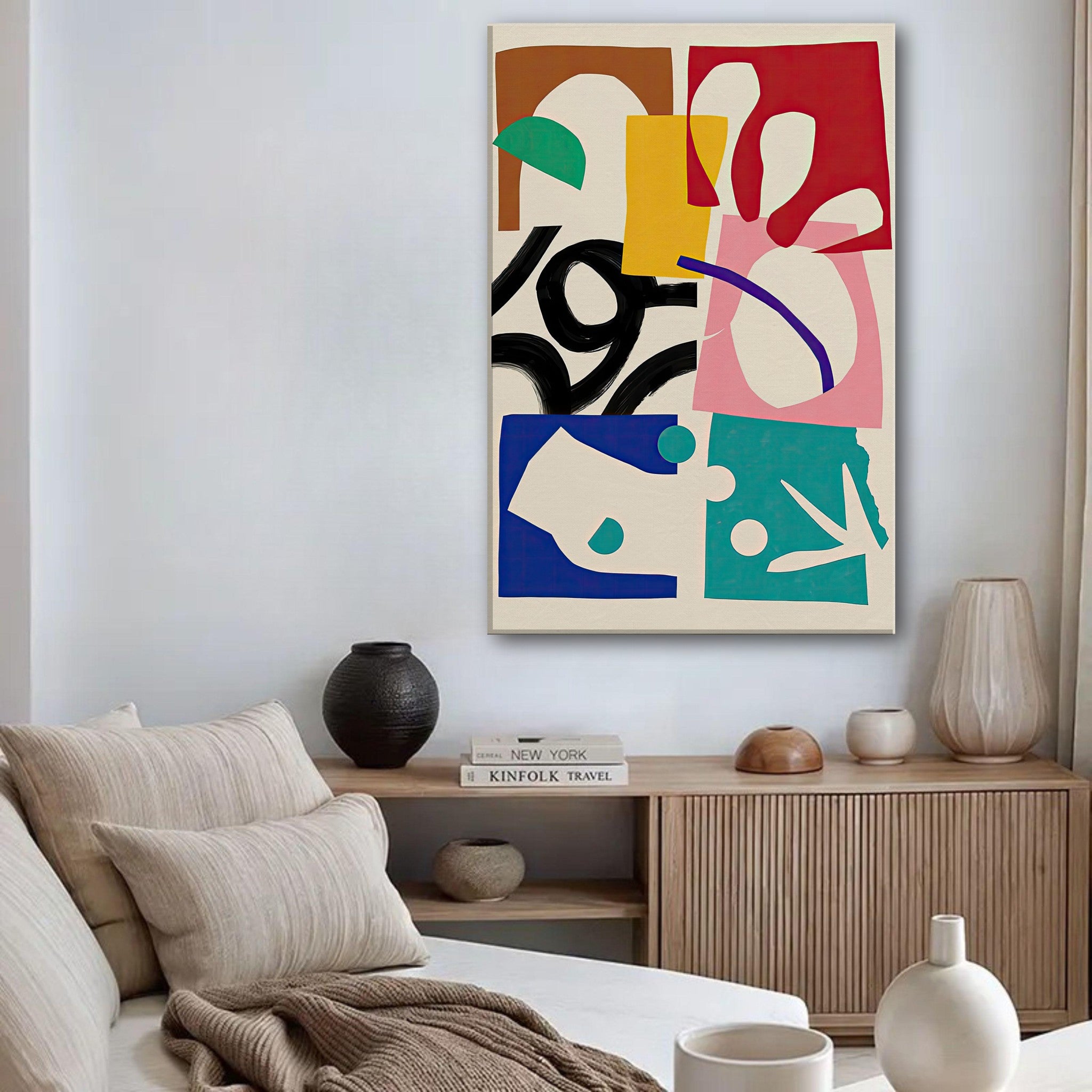 Abstract Harmony Canvas Print featuring vibrant colors and geometric shapes in a stylish living room setting.