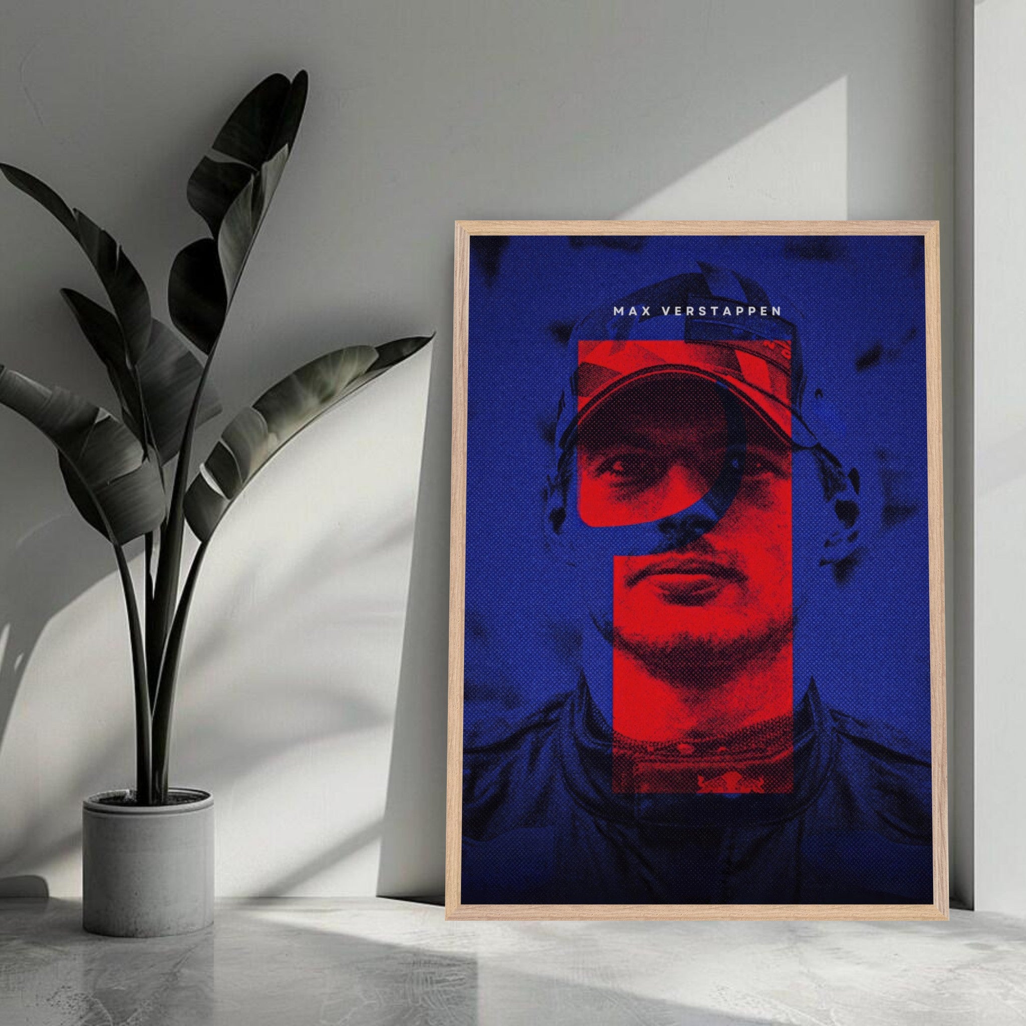 Max Verstappen framed fine art print featuring vibrant colors and dynamic design, perfect for Formula 1 enthusiasts.