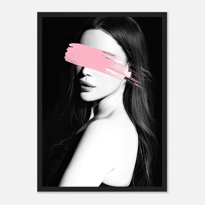 Captivating Pink Blindness framed print featuring a monochromatic portrait with a bold pink brushstroke accent.