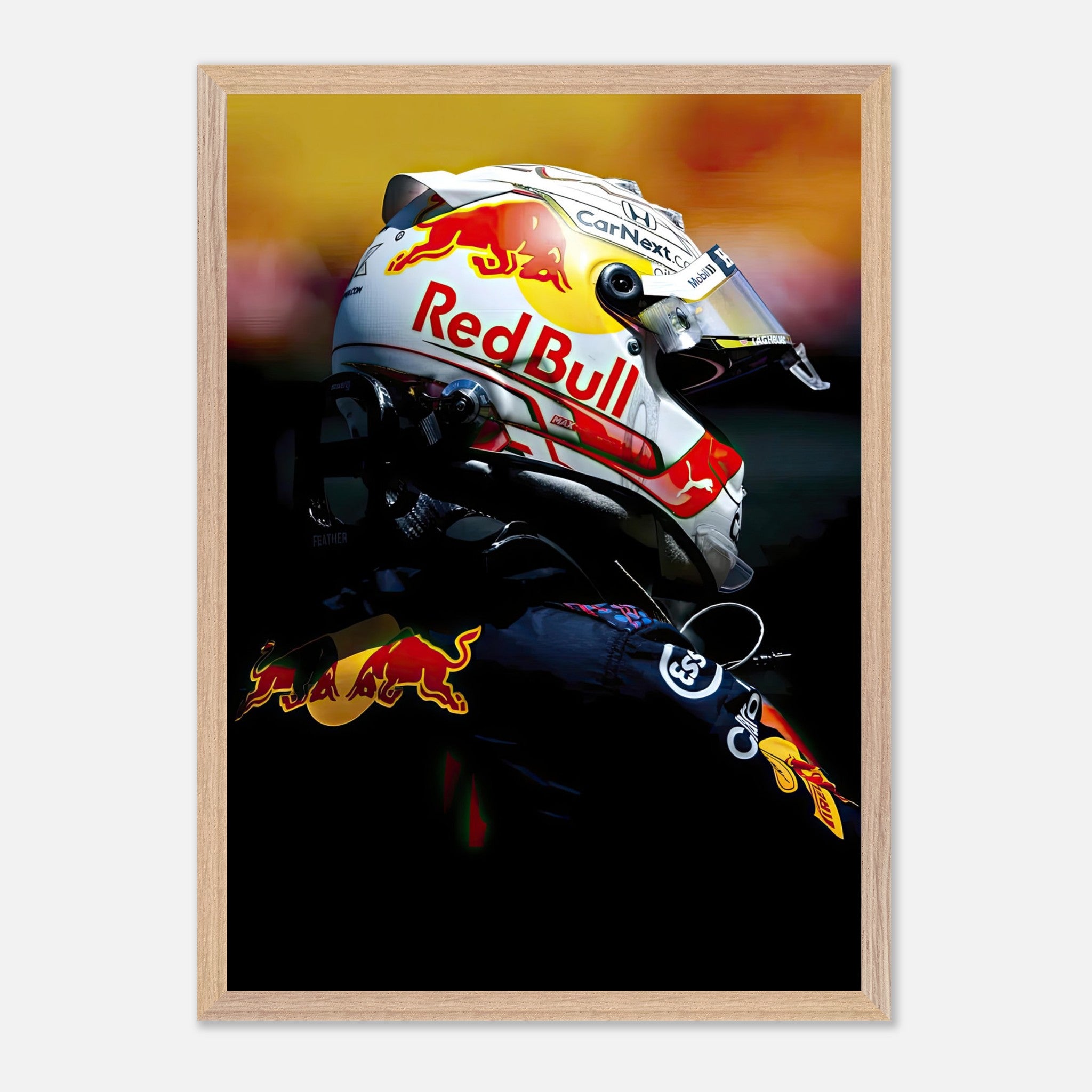 Max Verstappen fine art print featuring iconic Red Bull helmet design, perfect for Formula 1 enthusiasts.