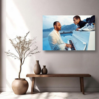 Jean Reno Piano metal print showcasing a serene coastal scene from *The Big Blue*, enhancing modern decor.