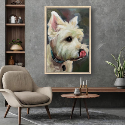 Framed canvas print of a Westie dog painting featuring vibrant colors and detailed brushstrokes.