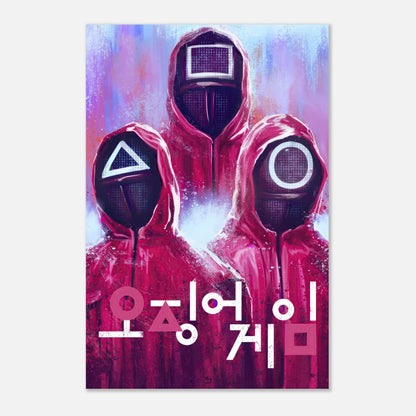 Squid Game metal poster featuring masked guards in red uniforms and Korean text, capturing the show's intensity and style.