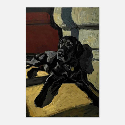 Black Labrador dog painting metal print featuring a detailed portrayal of a black Labrador resting.
