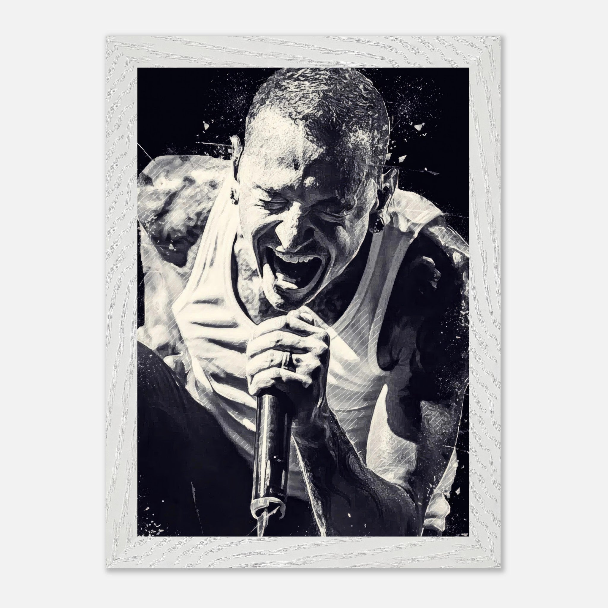 Chester Bennington vintage framed print capturing intense performance of Linkin Park frontman in black-and-white.