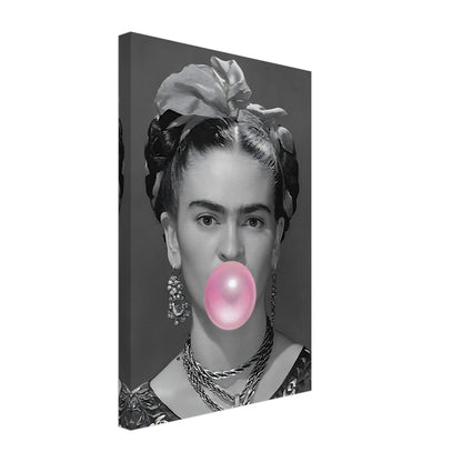 Frida Kahlo Bubble Gum Canvas featuring a grayscale portrait with vibrant pink bubble gum detail. Perfect for contemporary art lovers.