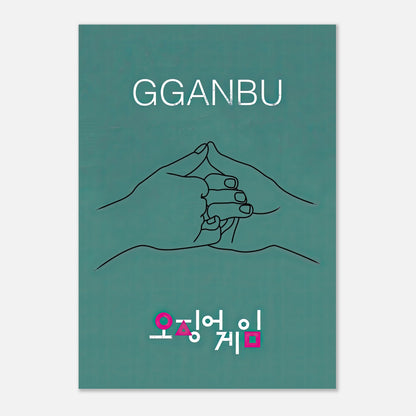 GGANBU Squid Game poster with minimalist handshake design on teal backdrop, celebrating friendship and emotional connection.