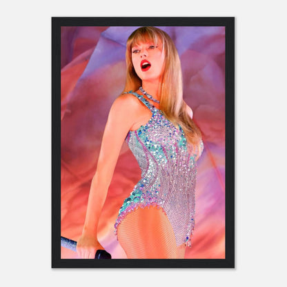 Vibrant framed print of Taylor Swift performing in dazzling sparkly outfit during The Eras Tour, showcasing her artistry and charisma.