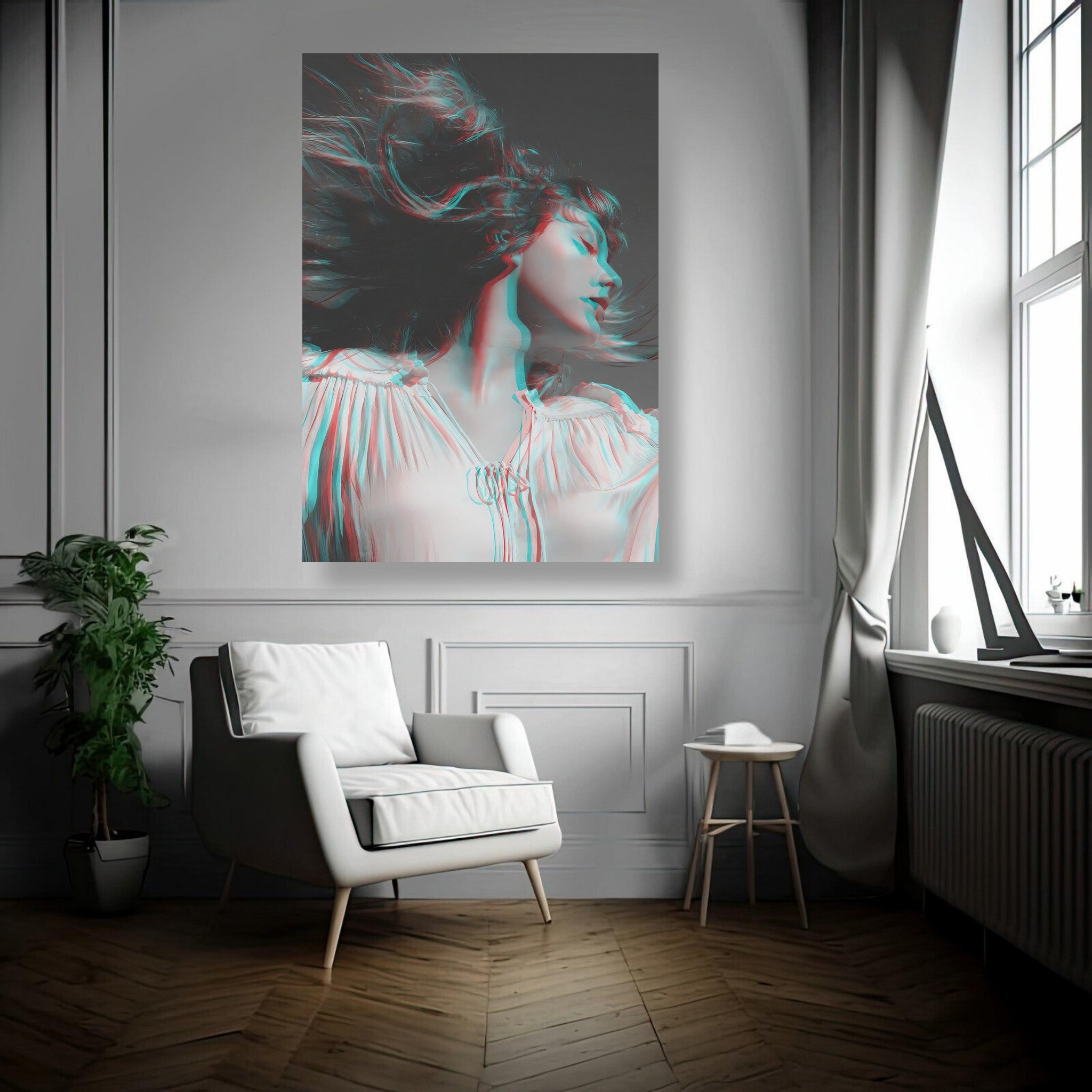 Taylor Swift black and white metal print displayed in modern living room with stylish decor and natural light.