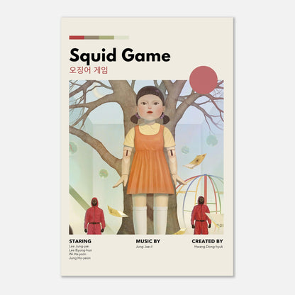 Vintage Squid Game poster featuring iconic doll and characters in a nostalgic design. Perfect metal decor for fans.