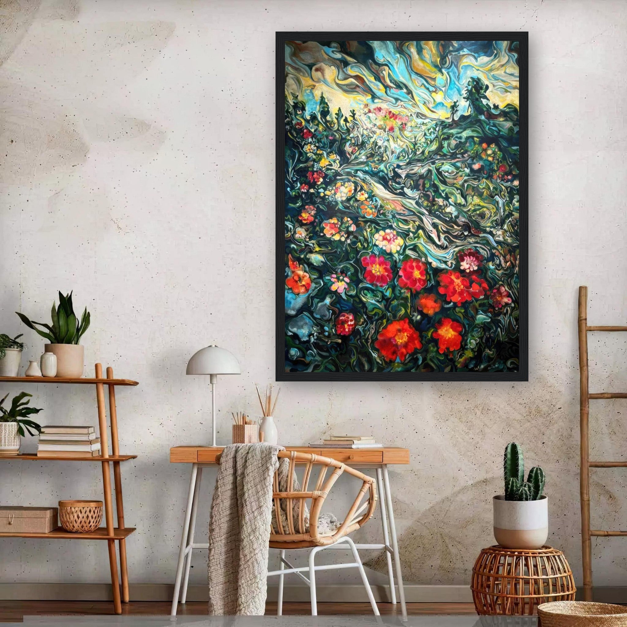 Framed abstract floral landscape painting with vibrant colors in a modern room setting.