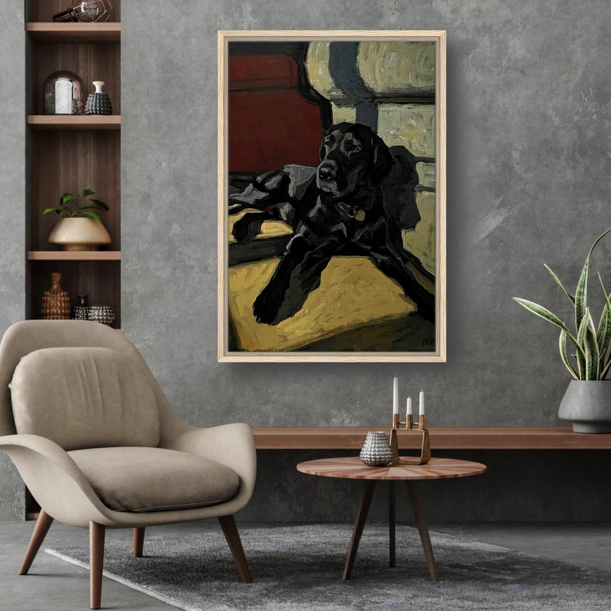 Framed black Labrador dog painting on wall in modern living room with cozy chair and decor.
