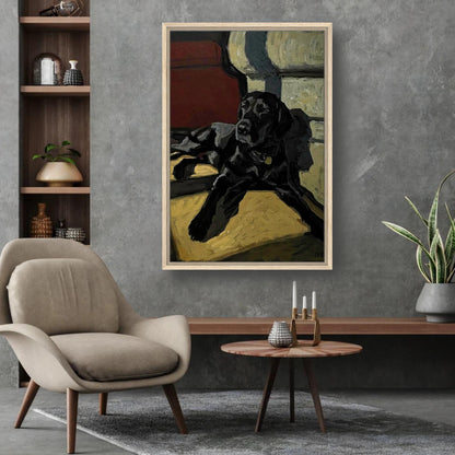 Framed black Labrador dog painting on wall in modern living room with cozy chair and decor.