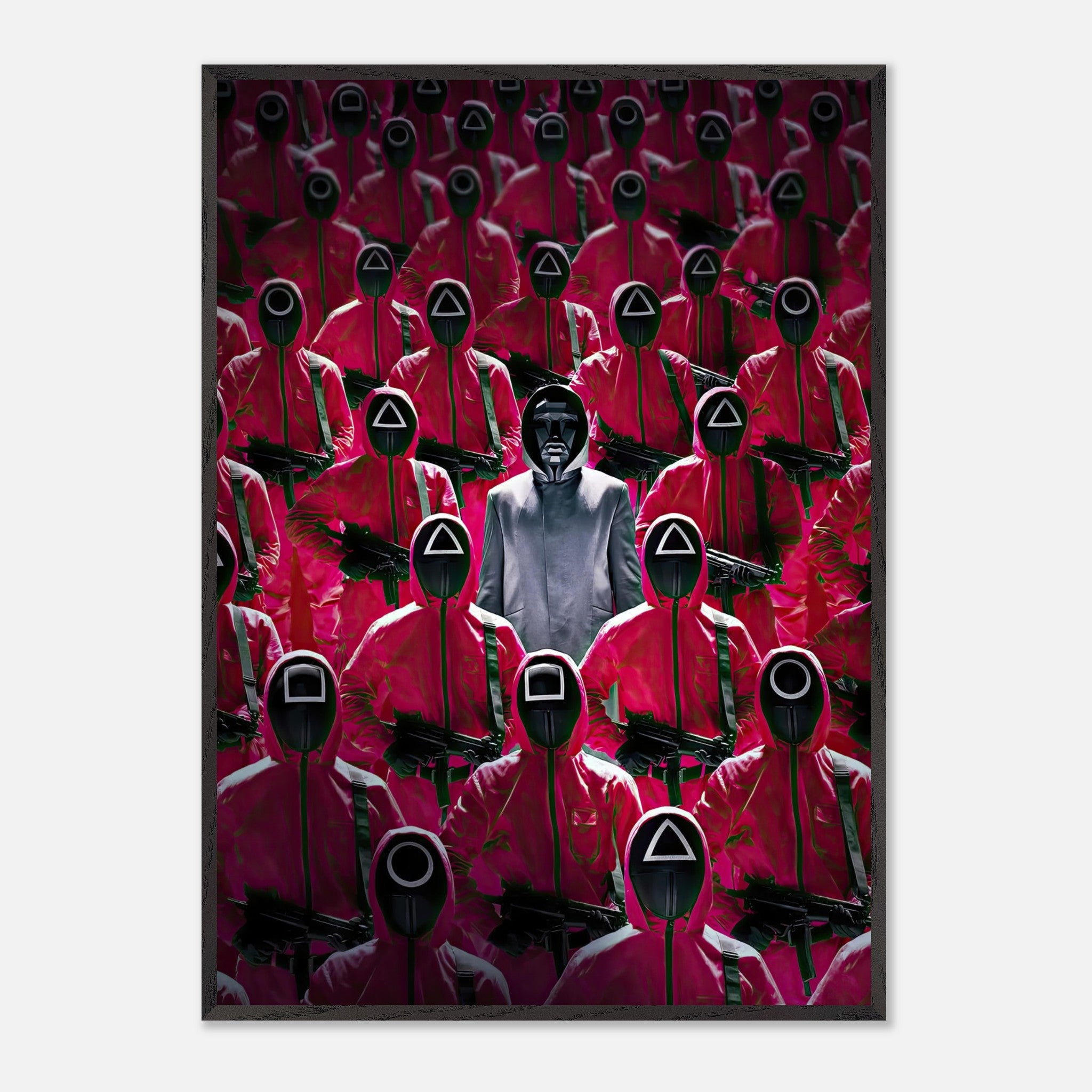 Squid Game Guards fine art print featuring pink-clad guards and the Front Man in a dramatic scene.