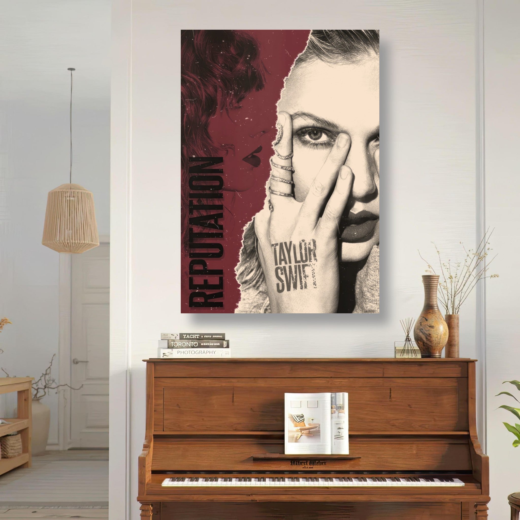 Taylor Swift Reputation Metal Print wall art in modern room above piano, showcasing bold design and artistic imagery.