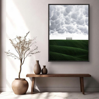 Toscana - Italy vintage framed art featuring rolling green hills and cypress trees under dramatic clouds in a stylish living space.