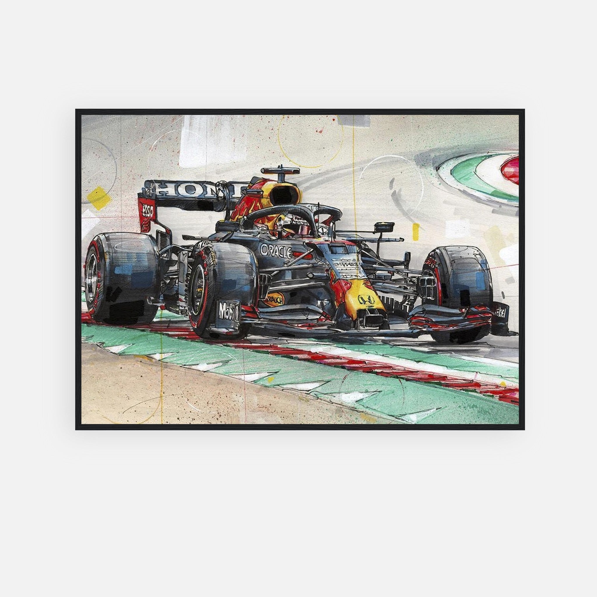 Max Verstappen framed print featuring a vibrant illustration of his Red Bull Racing car on the track.