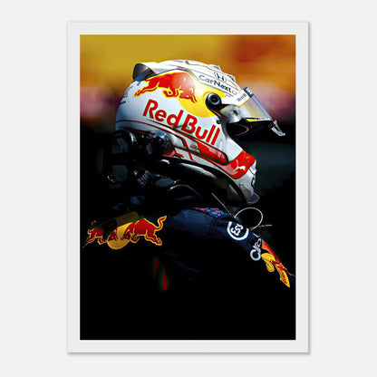 Max Verstappen Red Bull racing helmet framed print, vibrant colors showcasing Formula 1 adrenaline and passion.