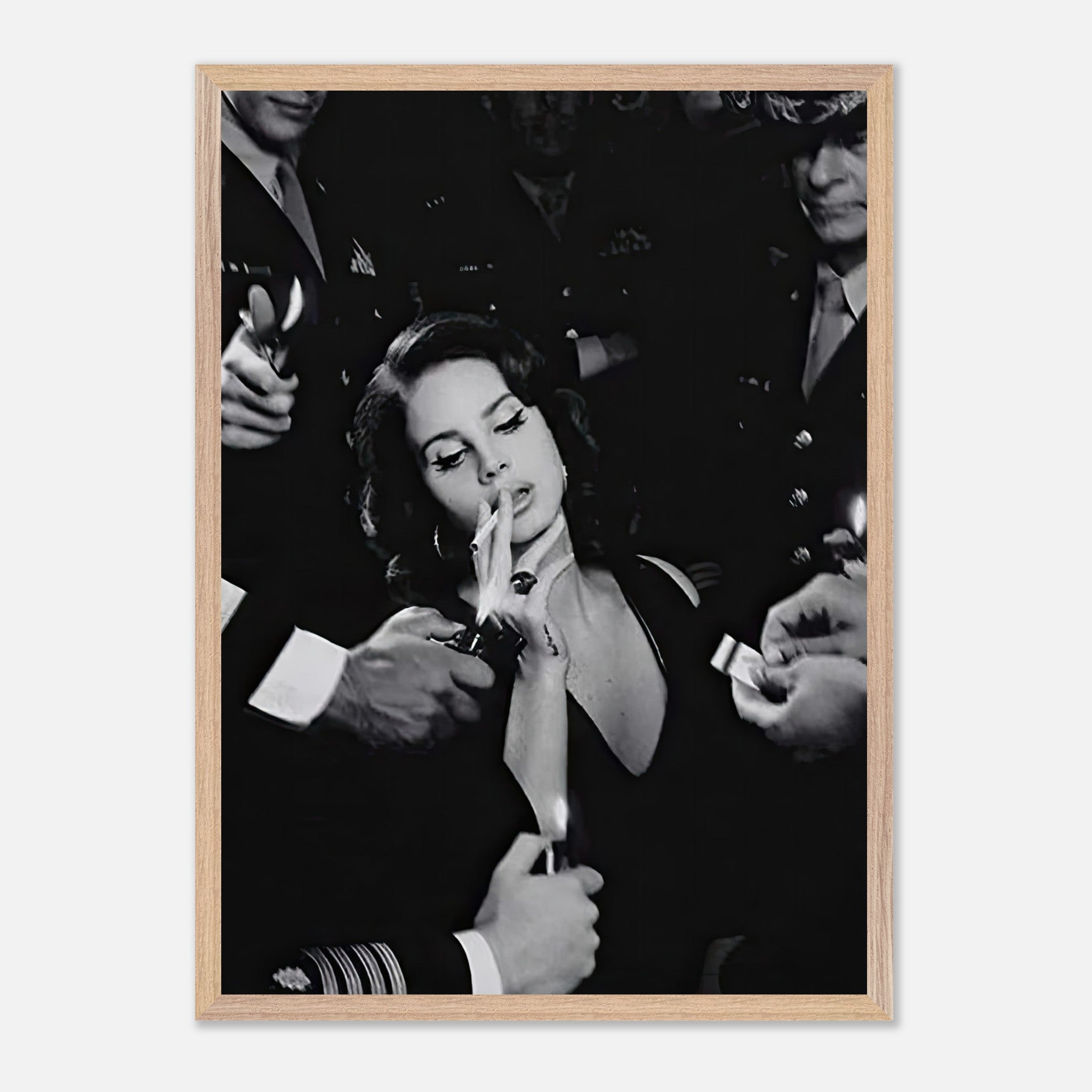 Lana Del Ray smoking in a vintage black-and-white photograph, framed elegantly, capturing timeless charm and sophistication.