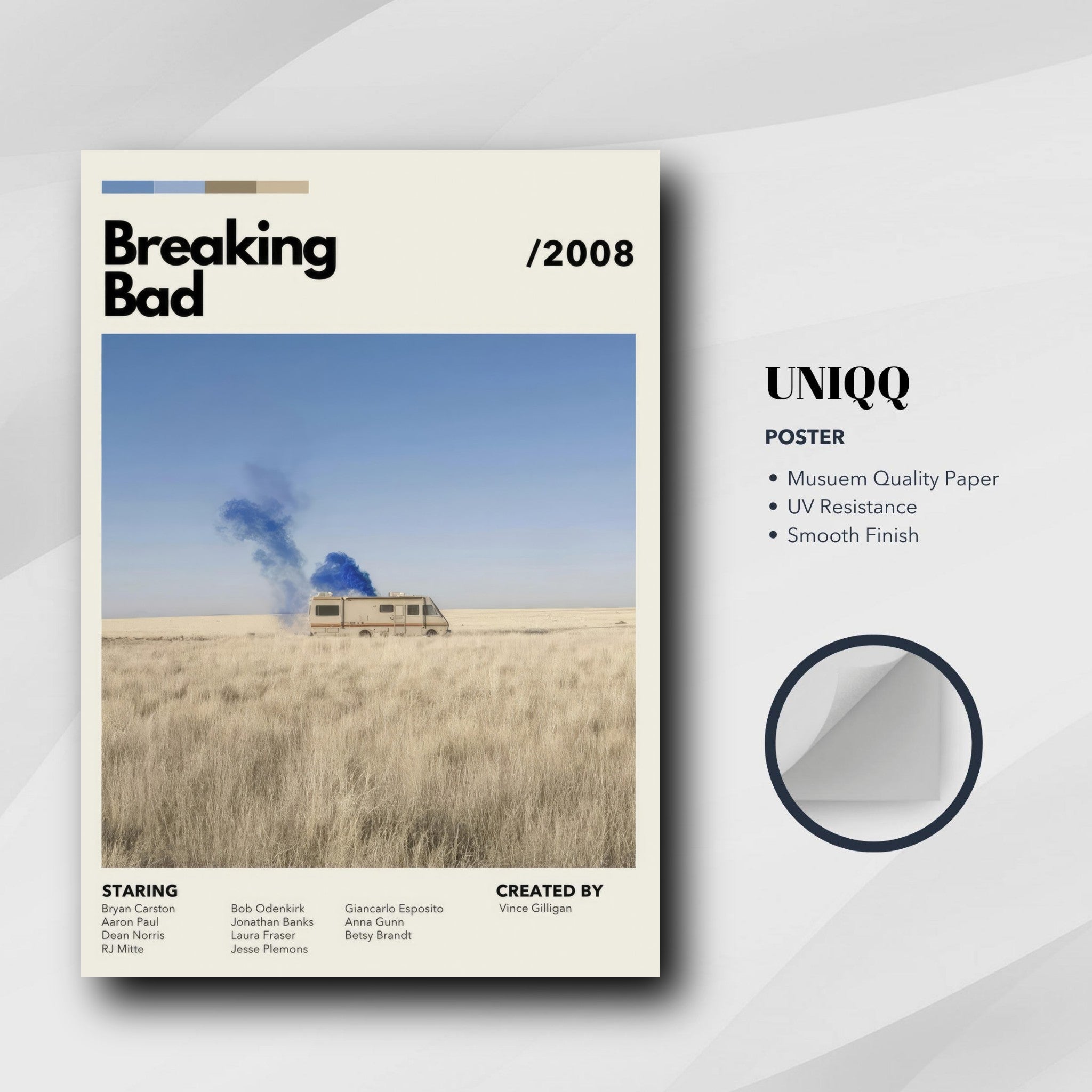 Vintage Breaking Bad poster featuring iconic RV and blue smoke in a serene desert landscape. Museum quality print.