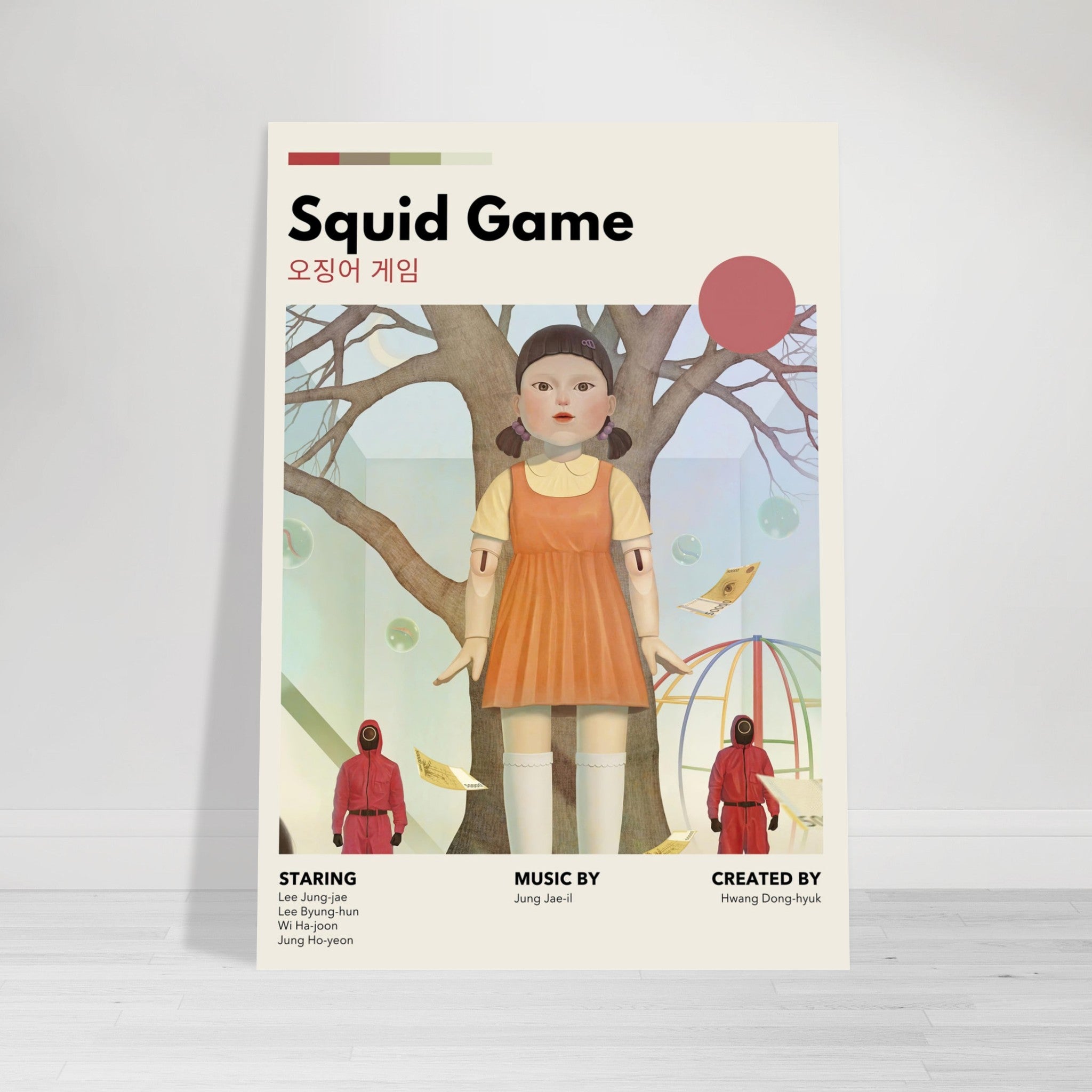 Vintage Squid Game poster featuring iconic Red Light, Green Light doll in retro design with muted tones.