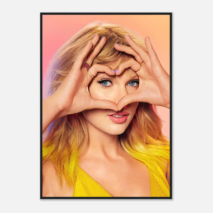 Taylor Swift framed print showcasing her charisma with a heart gesture, vibrant colors, and stunning details.