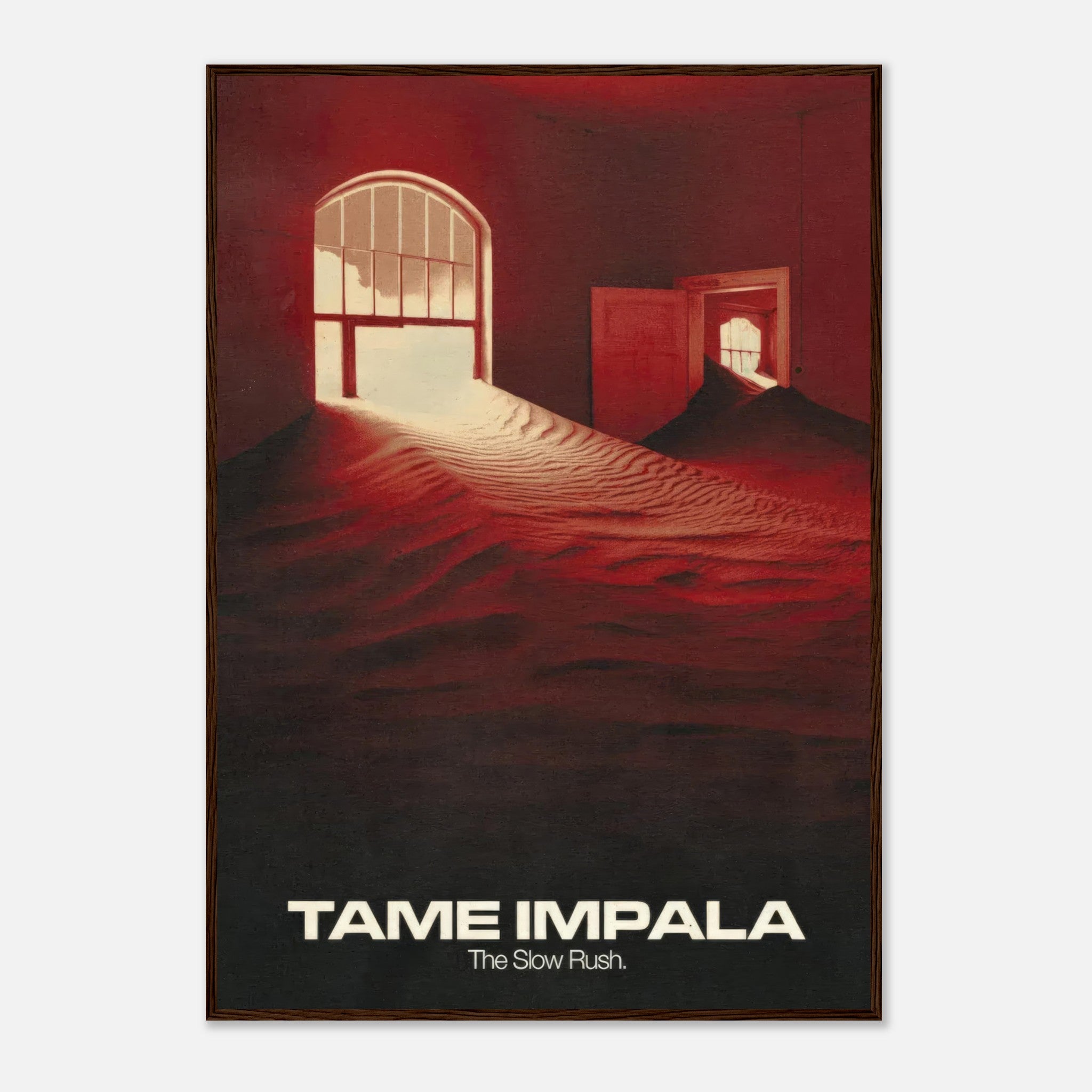 Framed print of Tame Impala's *The Slow Rush* featuring surreal red tones and imagery of sandy dunes and windows.